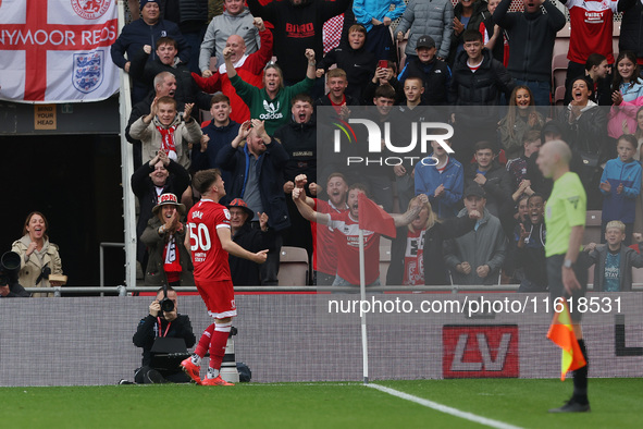 Middlesbrough's Ben Doak celebrates after scoring their first goal during the Sky Bet Championship match between Middlesbrough and Stoke Cit...