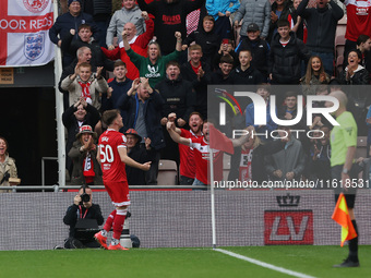 Middlesbrough's Ben Doak celebrates after scoring their first goal during the Sky Bet Championship match between Middlesbrough and Stoke Cit...