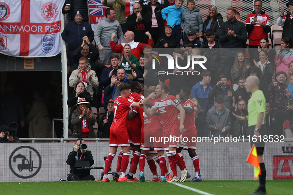 Middlesbrough's Ben Doak celebrates after scoring their first goal during the Sky Bet Championship match between Middlesbrough and Stoke Cit...