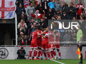 Middlesbrough's Ben Doak celebrates after scoring their first goal during the Sky Bet Championship match between Middlesbrough and Stoke Cit...