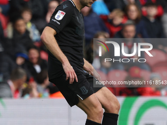 Stoke City's Ben Gibson is in action during the Sky Bet Championship match between Middlesbrough and Stoke City at the Riverside Stadium in...