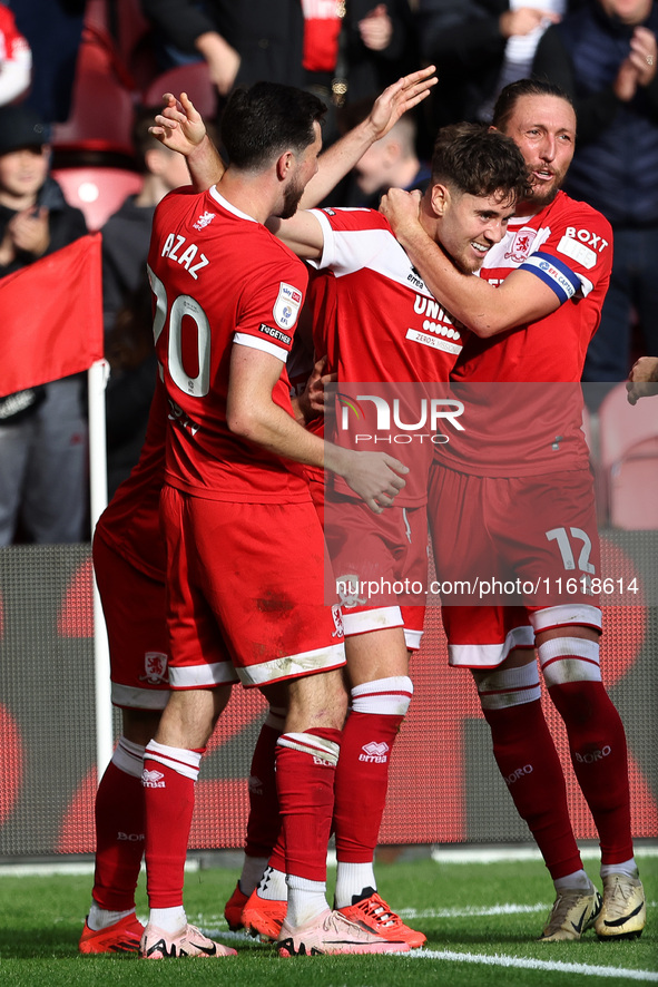 Middlesbrough's Hayden Hackney celebrates with his teammates after scoring the second goal during the Sky Bet Championship match between Mid...