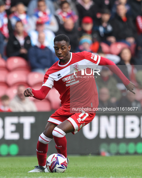 Isaiah Jones of Middlesbrough plays during the Sky Bet Championship match between Middlesbrough and Stoke City at the Riverside Stadium in M...