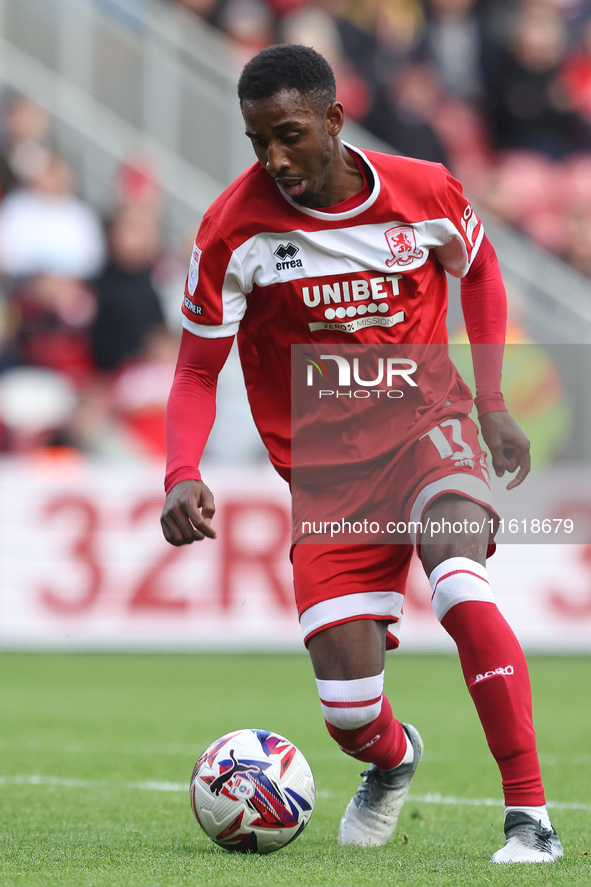 Isaiah Jones of Middlesbrough is in action during the Sky Bet Championship match between Middlesbrough and Stoke City at the Riverside Stadi...