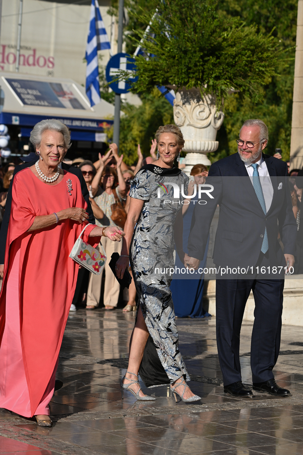 Princess Benedikte of Denmark, Princess Alexandra zu Sayn-Wittgenstein-Berleburg, and Count Michael Ahlefeldt-Laurvig-Bille arrive at the Me...