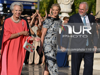 Princess Benedikte of Denmark, Princess Alexandra zu Sayn-Wittgenstein-Berleburg, and Count Michael Ahlefeldt-Laurvig-Bille arrive at the Me...