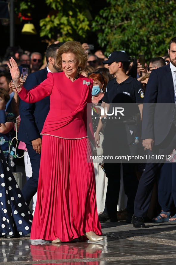 Former Queen Sofia of Spain arrives at the Metropolitan Cathedral of Athens for the wedding of Princess Theodora of Greece with Matthew Kuma...