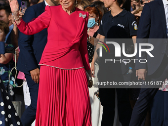 Former Queen Sofia of Spain arrives at the Metropolitan Cathedral of Athens for the wedding of Princess Theodora of Greece with Matthew Kuma...