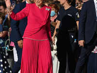 Former Queen Sofia of Spain arrives at the Metropolitan Cathedral of Athens for the wedding of Princess Theodora of Greece with Matthew Kuma...