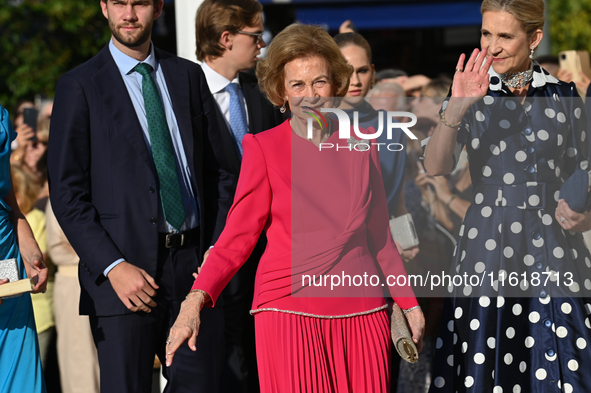 Former Queen Sofia of Spain arrives at the Metropolitan Cathedral of Athens for the wedding of Princess Theodora of Greece with Matthew Kuma...