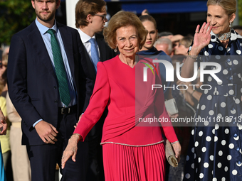 Former Queen Sofia of Spain arrives at the Metropolitan Cathedral of Athens for the wedding of Princess Theodora of Greece with Matthew Kuma...