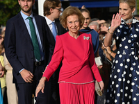 Former Queen Sofia of Spain arrives at the Metropolitan Cathedral of Athens for the wedding of Princess Theodora of Greece with Matthew Kuma...