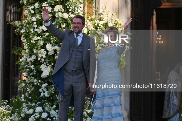 Prince Nikolaos of Greece and former Queen Anne-Marie of Greece arrive at the Metropolitan Cathedral of Athens for the wedding of Princess T...