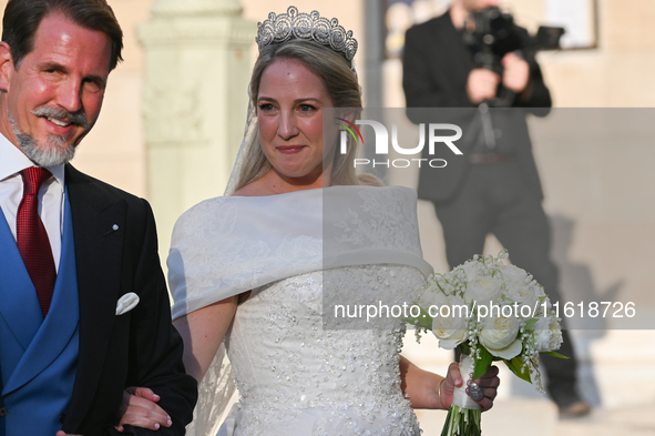 Princess Theodora of Greece arrives at the Metropolitan Cathedral of Athens for her wedding with Matthew Kumar in Athens, Greece, on Septemb...