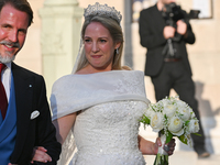 Princess Theodora of Greece arrives at the Metropolitan Cathedral of Athens for her wedding with Matthew Kumar in Athens, Greece, on Septemb...