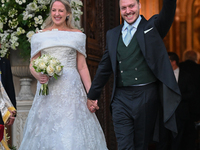 Princess Theodora of Greece and Matthew Kumar exit the Metropolitan Cathedral of Athens after their wedding in Athens, Greece, on September...