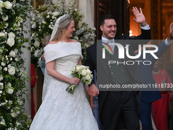 Princess Theodora of Greece and Matthew Kumar exit the Metropolitan Cathedral of Athens after their wedding in Athens, Greece, on September...