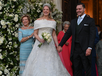 Princess Theodora of Greece and Matthew Kumar exit the Metropolitan Cathedral of Athens after their wedding in Athens, Greece, on September...