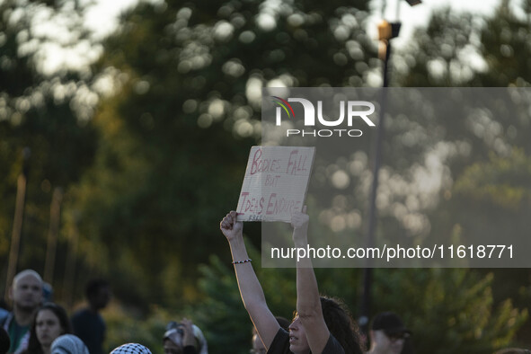 On September 28, 2024, in Washington, DC, a group of 100 protesters gathers at Georgetown Waterfront to protest the war on Palestine in Gaza...