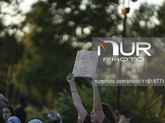 On September 28, 2024, in Washington, DC, a group of 100 protesters gathers at Georgetown Waterfront to protest the war on Palestine in Gaza...