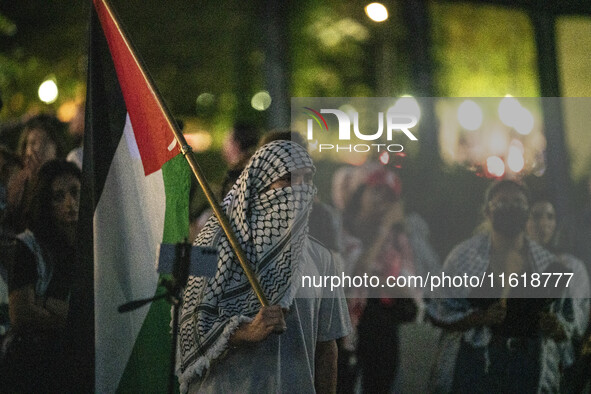 On September 28, 2024, in Washington, DC, a group of 100 protesters gathers at Georgetown Waterfront to protest the war on Palestine in Gaza...