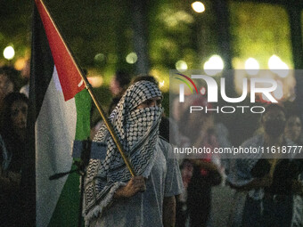 On September 28, 2024, in Washington, DC, a group of 100 protesters gathers at Georgetown Waterfront to protest the war on Palestine in Gaza...