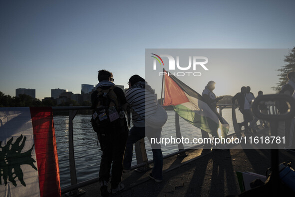 On September 28, 2024, in Washington, DC, a group of 100 protesters gathers at Georgetown Waterfront to protest the war on Palestine in Gaza...