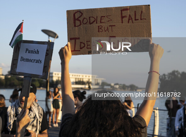 On September 28, 2024, in Washington, DC, a group of 100 protesters gathers at Georgetown Waterfront to protest the war on Palestine in Gaza...