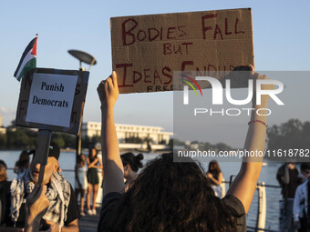 On September 28, 2024, in Washington, DC, a group of 100 protesters gathers at Georgetown Waterfront to protest the war on Palestine in Gaza...