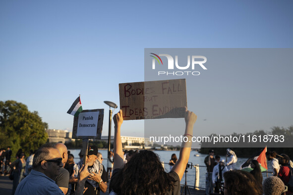 On September 28, 2024, in Washington, DC, a group of 100 protesters gathers at Georgetown Waterfront to protest the war on Palestine in Gaza...