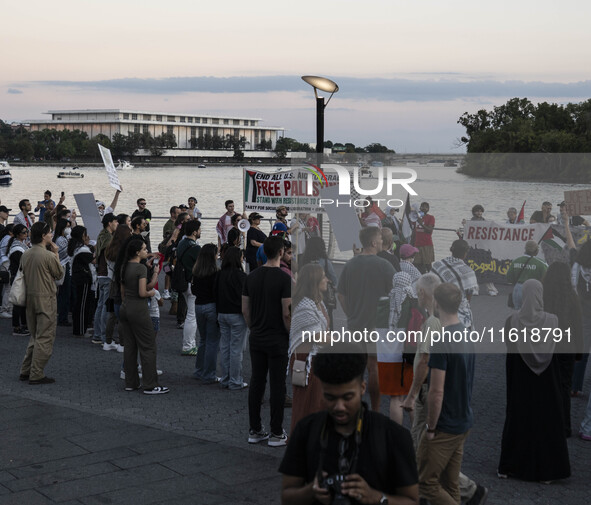 On September 28, 2024, in Washington, DC, a group of 100 protesters gathers at Georgetown Waterfront to protest the war on Palestine in Gaza...