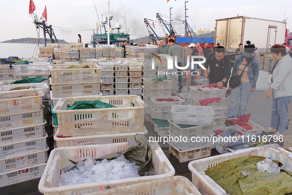 Seafood lifted ashore fills the dock at Jimiya Fishing Port in the West Coast New area of Qingdao, Shandong province, China, on September 28...