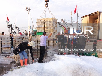 Seafood lifted ashore fills the dock at Jimiya Fishing Port in the West Coast New area of Qingdao, Shandong province, China, on September 28...