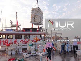 Seafood lifted ashore fills the dock at Jimiya Fishing Port in the West Coast New area of Qingdao, Shandong province, China, on September 28...