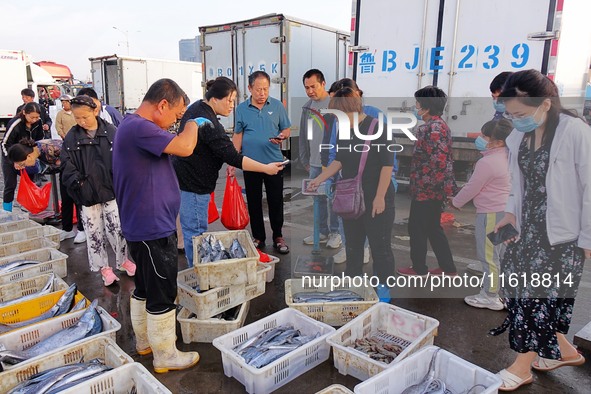 Citizens buy seafood at Jimiya Fishing Port in the West Coast New Area of Qingdao, Shandong province, China, on September 28, 2024. 