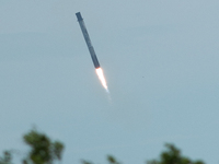 SpaceX Falcon 9 booster stage returns in a controlled landing at Cape Canaveral Space Force Station, Florida. (