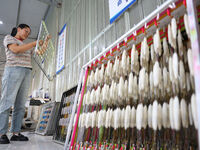 A worker works in a workshop of a fishing tackle company in Binzhou, China, on September 29, 2024. (