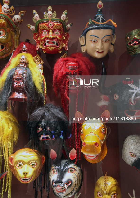 Tibetan opera masks are displayed at the Tibetan Sho Dun Festival at the Tibet Museum in Lhasa, Tibet, China, on August 8, 2024. 