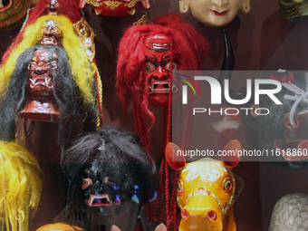 Tibetan opera masks are displayed at the Tibetan Sho Dun Festival at the Tibet Museum in Lhasa, Tibet, China, on August 8, 2024. (