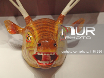 Tibetan opera masks are displayed at the Tibetan Sho Dun Festival at the Tibet Museum in Lhasa, Tibet, China, on August 8, 2024. (