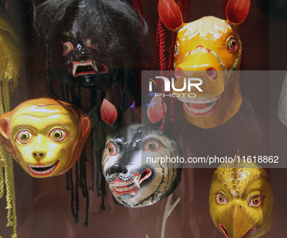 Tibetan opera masks are displayed at the Tibetan Sho Dun Festival at the Tibet Museum in Lhasa, Tibet, China, on August 8, 2024. 