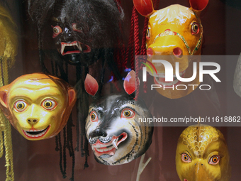 Tibetan opera masks are displayed at the Tibetan Sho Dun Festival at the Tibet Museum in Lhasa, Tibet, China, on August 8, 2024. (