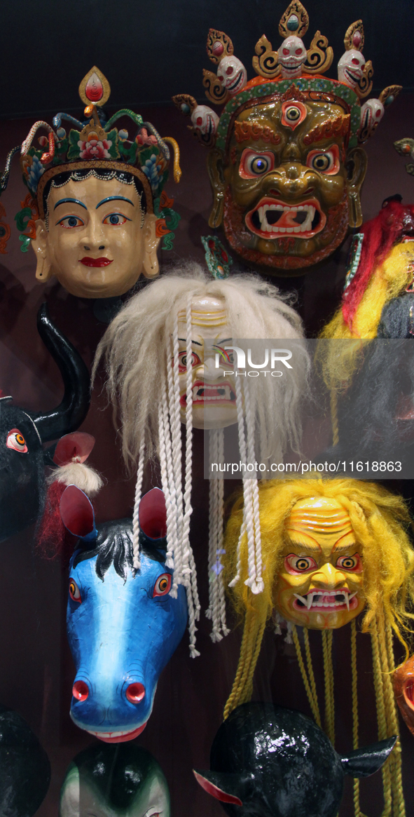 Tibetan opera masks are displayed at the Tibetan Sho Dun Festival at the Tibet Museum in Lhasa, Tibet, China, on August 8, 2024. 