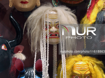 Tibetan opera masks are displayed at the Tibetan Sho Dun Festival at the Tibet Museum in Lhasa, Tibet, China, on August 8, 2024. (