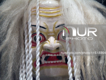 Tibetan opera masks are displayed at the Tibetan Sho Dun Festival at the Tibet Museum in Lhasa, Tibet, China, on August 8, 2024. (