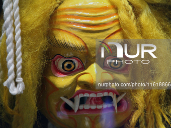 Tibetan opera masks are displayed at the Tibetan Sho Dun Festival at the Tibet Museum in Lhasa, Tibet, China, on August 8, 2024. (