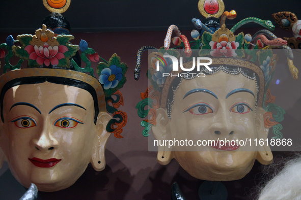 Tibetan opera masks are displayed at the Tibetan Sho Dun Festival at the Tibet Museum in Lhasa, Tibet, China, on August 8, 2024. 