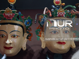 Tibetan opera masks are displayed at the Tibetan Sho Dun Festival at the Tibet Museum in Lhasa, Tibet, China, on August 8, 2024. (