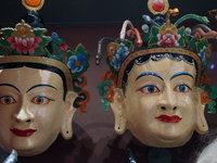 Tibetan opera masks are displayed at the Tibetan Sho Dun Festival at the Tibet Museum in Lhasa, Tibet, China, on August 8, 2024. (