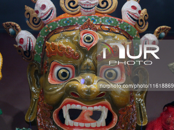 Tibetan opera masks are displayed at the Tibetan Sho Dun Festival at the Tibet Museum in Lhasa, Tibet, China, on August 8, 2024. (